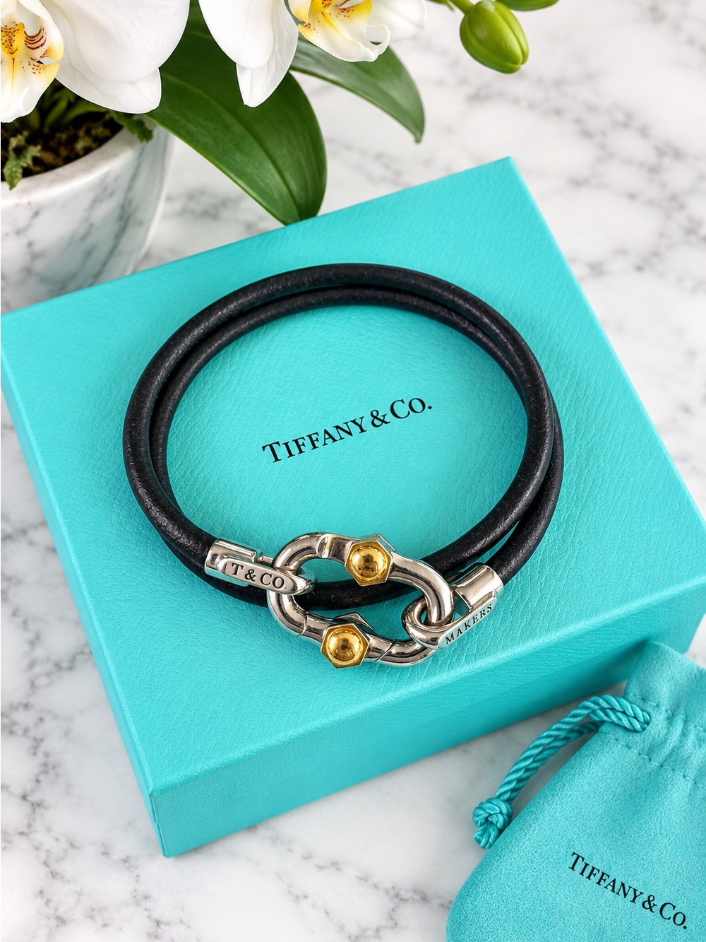 TIFFANY & CO. - 1837 Makers Calfskin Leather Cord Bracelet with SS & 18K
Gold